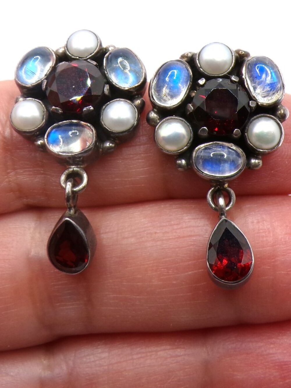 Nicky Butler Sterling Silver Moonstone, Garnet & Pearl Earrings – Vintage Design